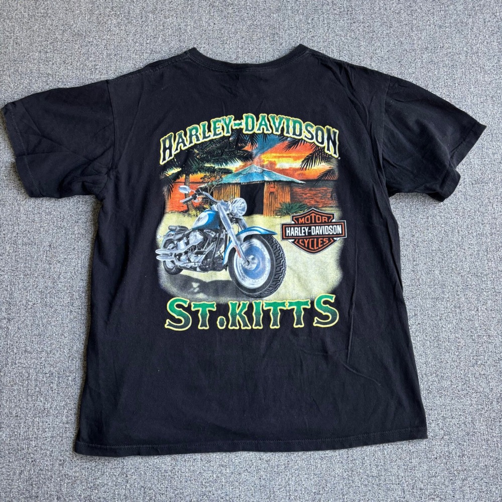 Harley-Davidson T-Shirt Mens L Black St. Kitts Graphic Double Sided Biker‎ Tee